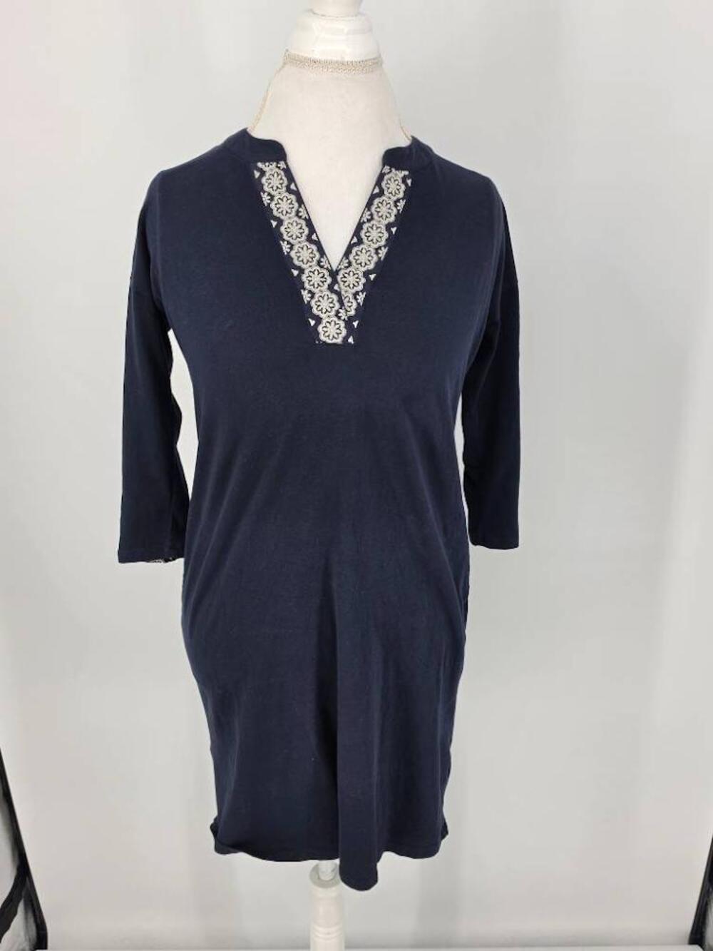 J Jill Womens XS Navy Blue Tunic Dress Embroidered Split Neck Pockets Cotton